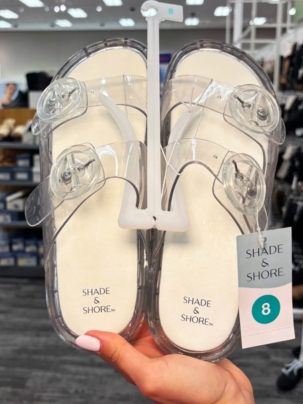 Shade & Shore Gemma sandals feature clear jelly straps and a white memory foam i